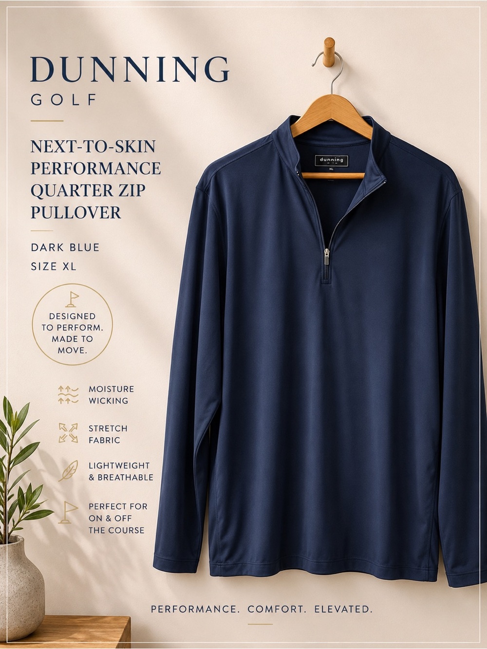 Dunning Golf Next-To-Skin Performance Quarter Zip Pullover Dark Blue XL